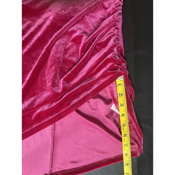 DOUBLE CRAZY Velvet Mini Dress Size M Fuchsia Pink Ruched Cowl Neck Asymmetrical - Picture 9 of 12